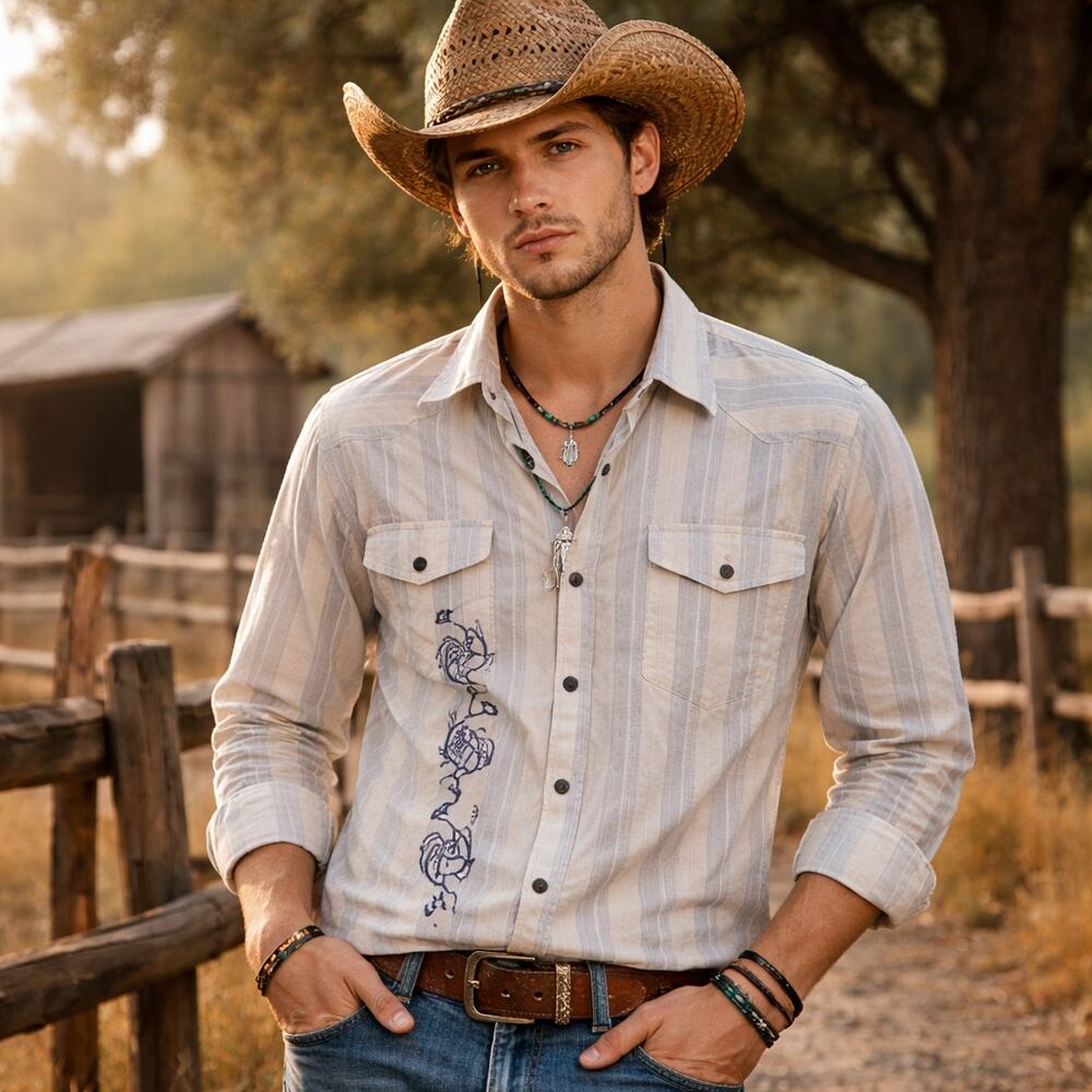 Bauer Western Y2K Embroidered Button Front Mens Top Sz L Paisley Stripe Cowboy